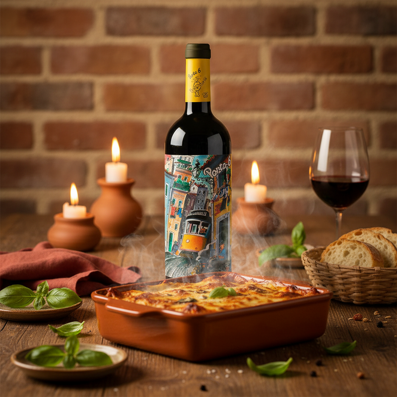 Porta 6 Red PET wine bottle with lasagne dinner — best wine with lasagne UK