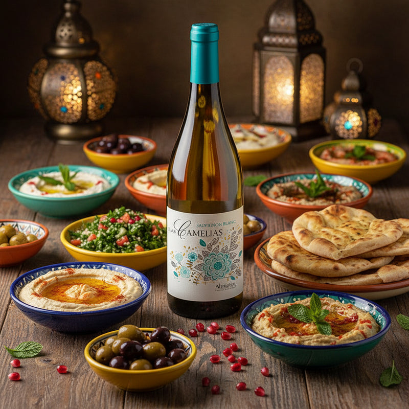 Wine with Middle Eastern food UK — Camelias Sauvignon Blanc with mezze spread