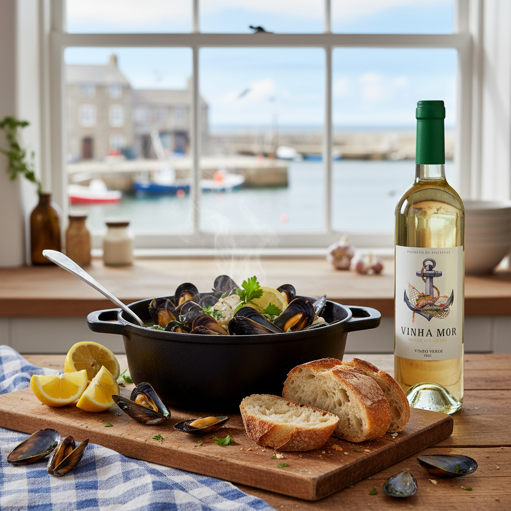 Wine with mussels UK — Vinha Mor Vinho Verde paired with steaming mussels in a coastal kitchen setting