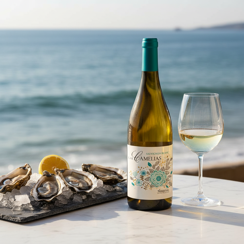 Wine with oysters UK — Camelias Sauvignon Blanc with fresh oysters on coastal marble table