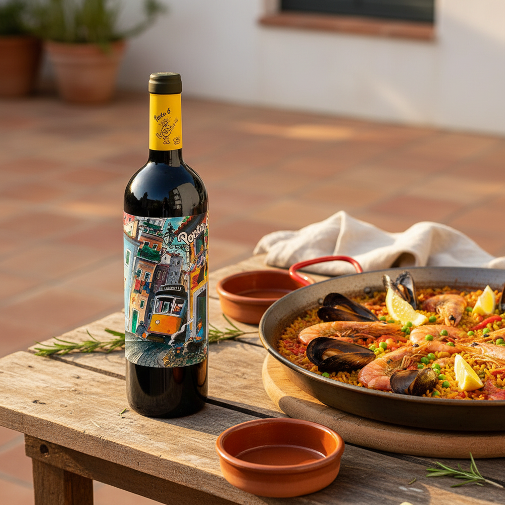 Wine with paella UK — Porta 6 Red alongside a seafood paella pan