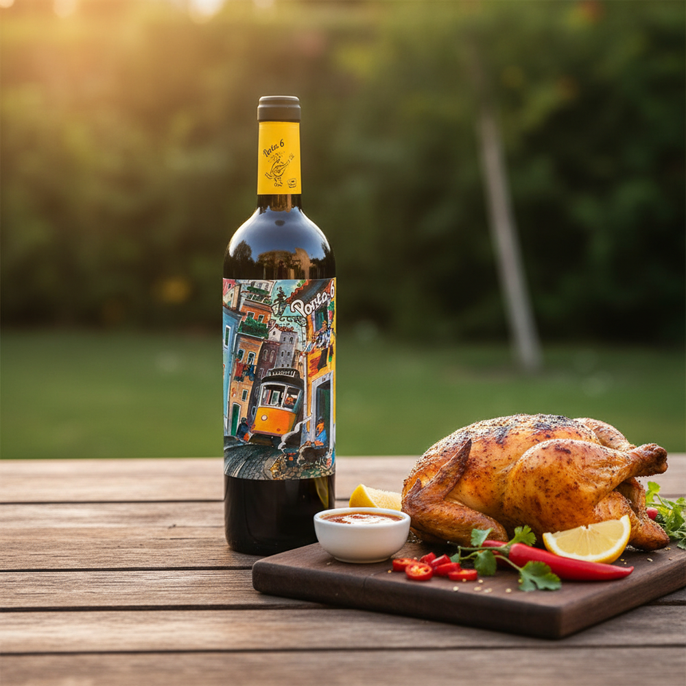 Wine with piri piri chicken UK — Porta 6 Red PET bottle with grilled piri piri chicken on outdoor table