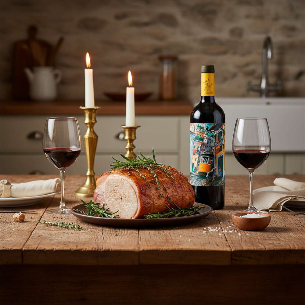 Best wine with pork UK - Porta 6 Red beside a roast pork dinner