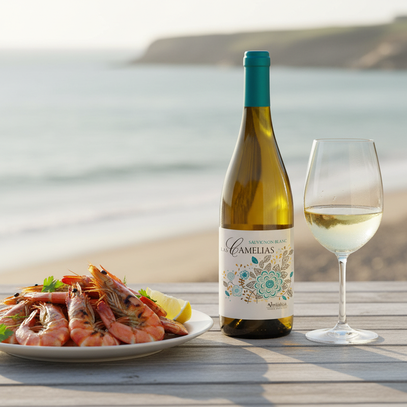 Camelias Sauvignon Blanc bottle with king prawns on a sunny UK coastal terrace