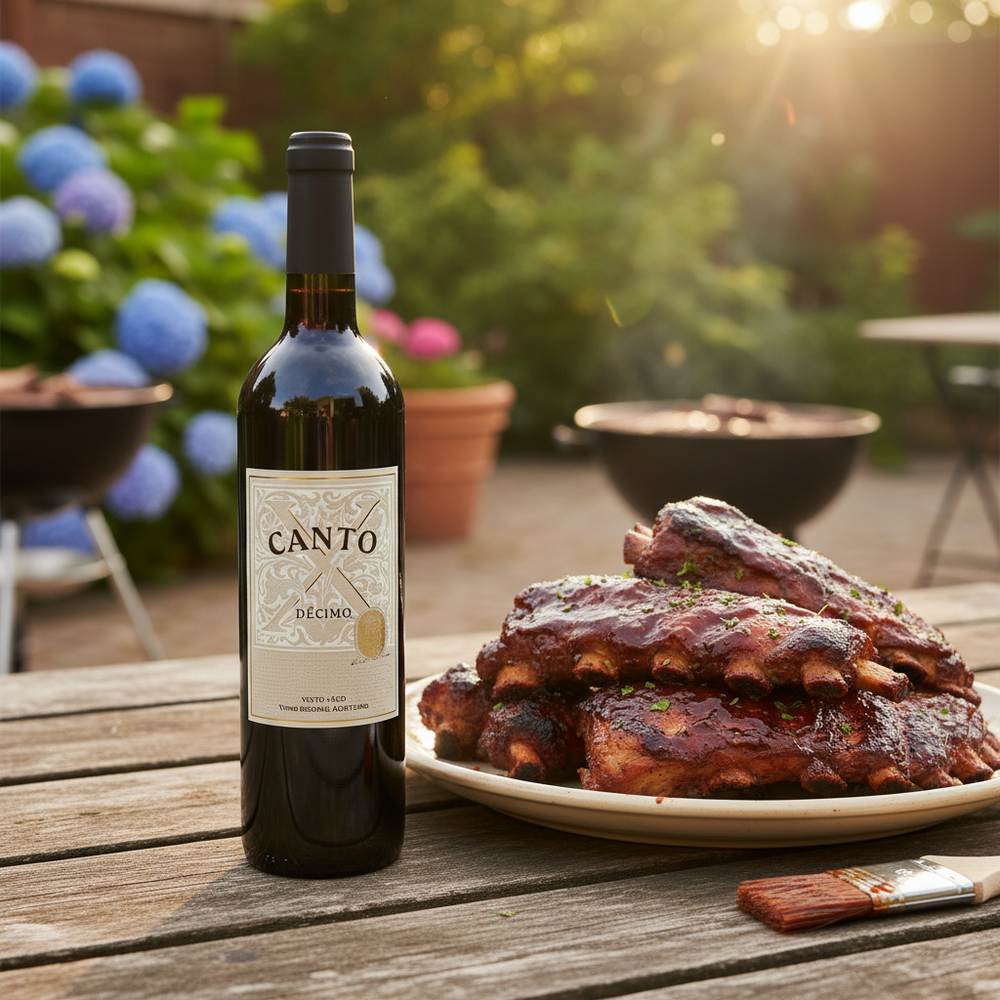 wine with ribs uk - Canto X Red beside BBQ pork ribs in a summer garden