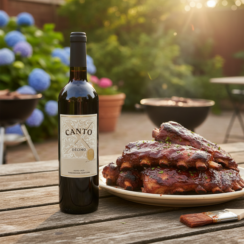 wine with ribs uk - Canto X Red beside BBQ pork ribs in a summer garden