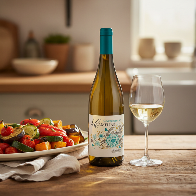 Wine with roast vegetables UK — Camelias Sauvignon Blanc with colourful roasted vegetables