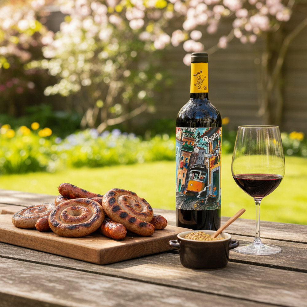 Best wine with sausages UK - Porta 6 Red with grilled British sausages at a garden BBQ