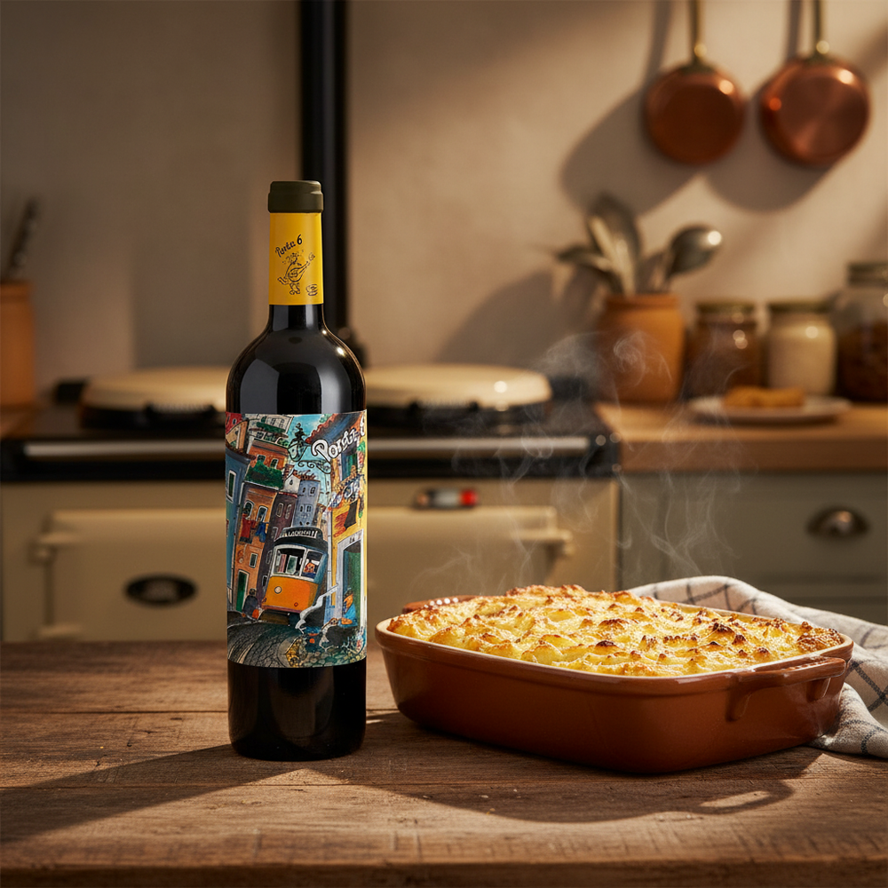 Porta 6 Red wine bottle next to a shepherd's pie in a British kitchen