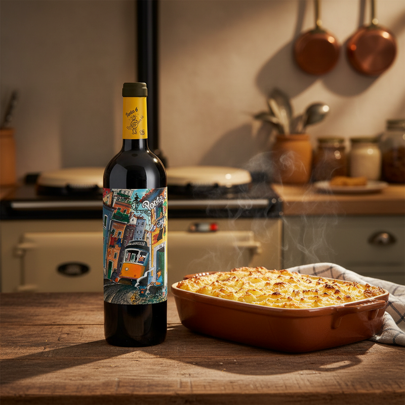 Porta 6 Red wine bottle next to a shepherd's pie in a British kitchen