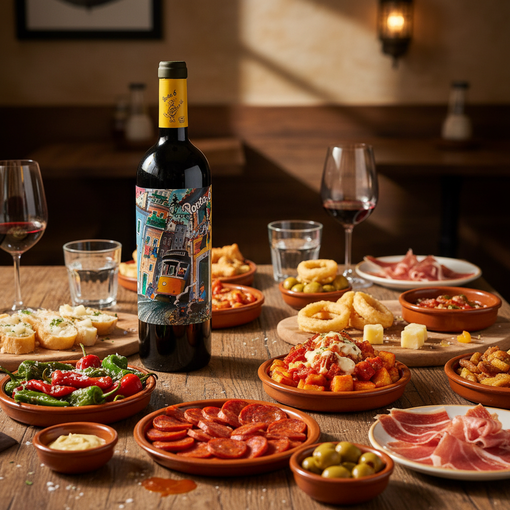 Wine with tapas UK — Porta 6 Red on a rustic tapas table