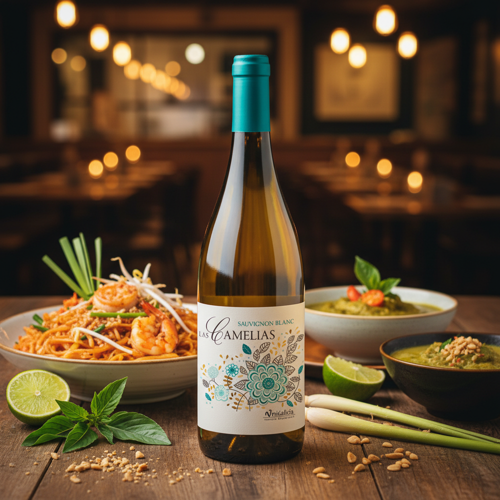 Wine with Thai food UK — Camelias Sauvignon Blanc with pad thai and Thai dishes