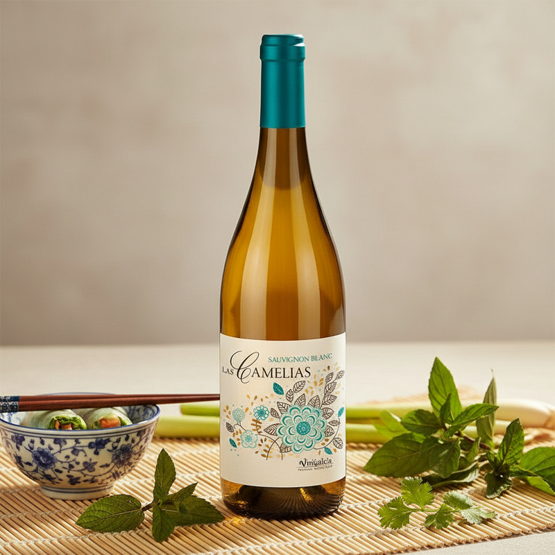 Wine pairing with Vietnamese food UK — Camelias Sauvignon Blanc with fresh herbs and spring rolls